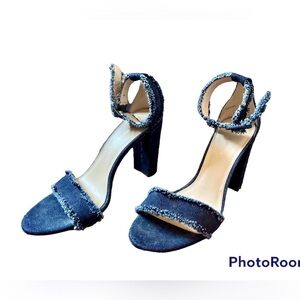 Sandal Denim Blue Jean Strappy Block Heel Size 7.5 Pella Moda